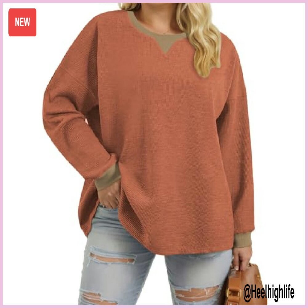 Plus Size Waffle Knit Sweatshirt Oversized Tunic Long Sleeve Top - Picture 2 of 6